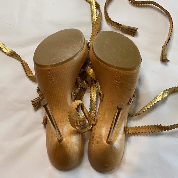 RODOLPHE MENUDIER WOODEN GOLD SUEDE PLATFORM HIGH WRAP‎ SANDAL SIZE 9 - Picture 5 of 6